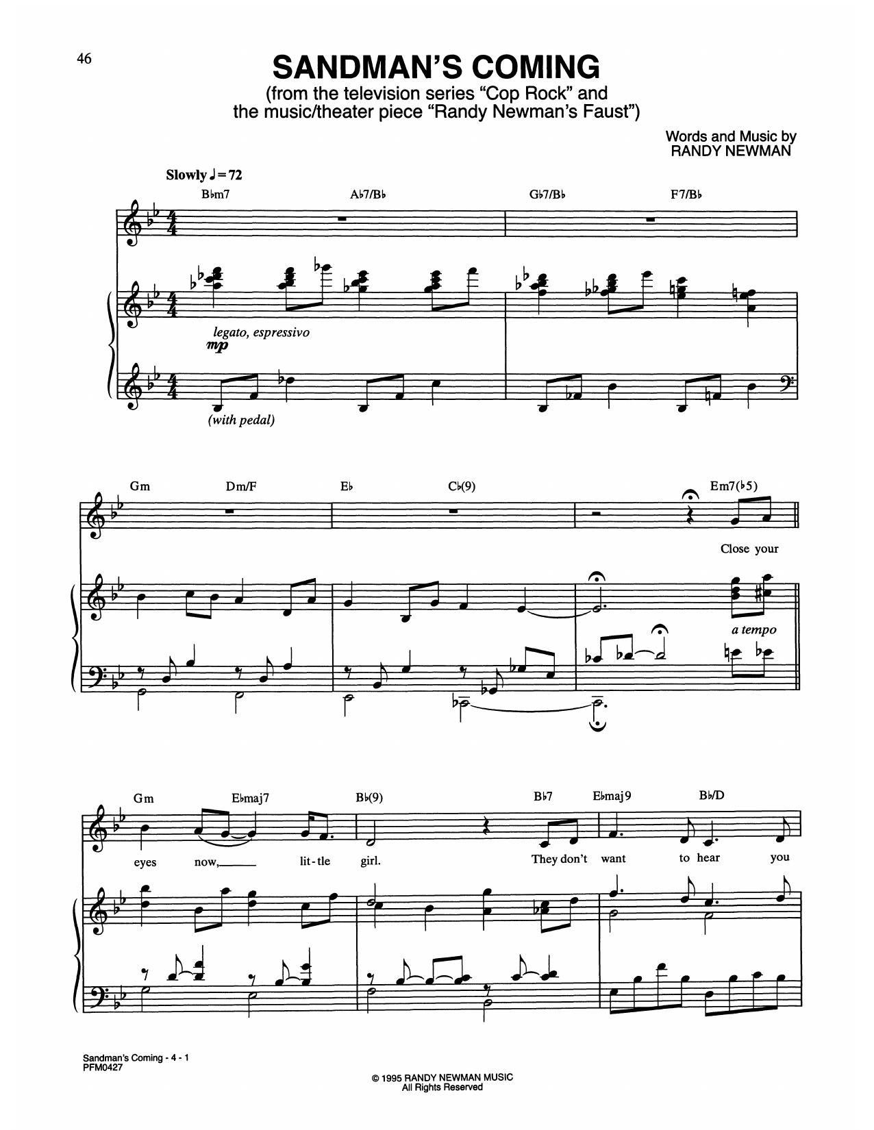 Randy Newman Sandman's Coming (from Cop Rock) sheet music notes and chords arranged for Piano & Vocal