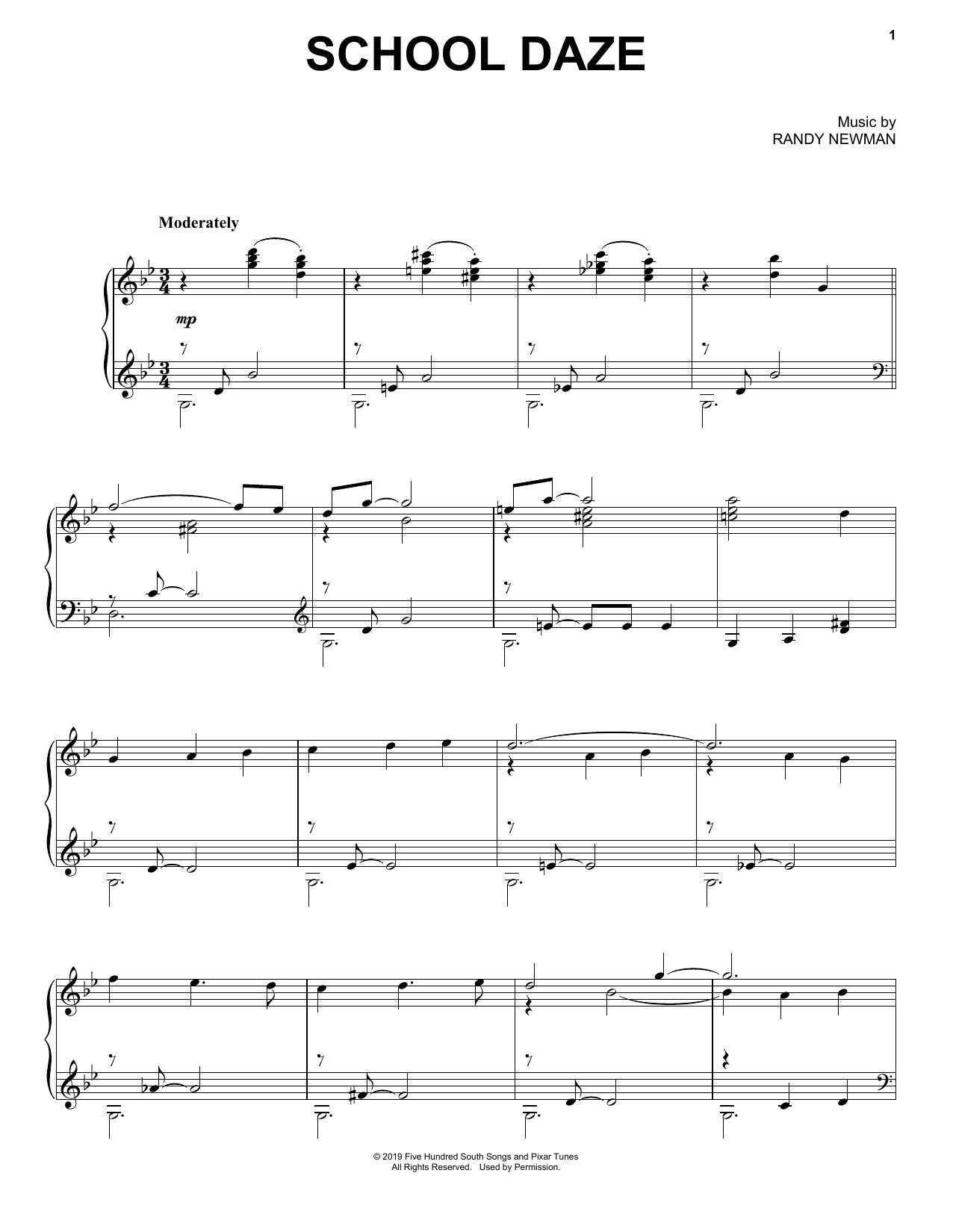 Randy Newman School Daze (from Toy Story 4) sheet music notes and chords arranged for Piano Solo