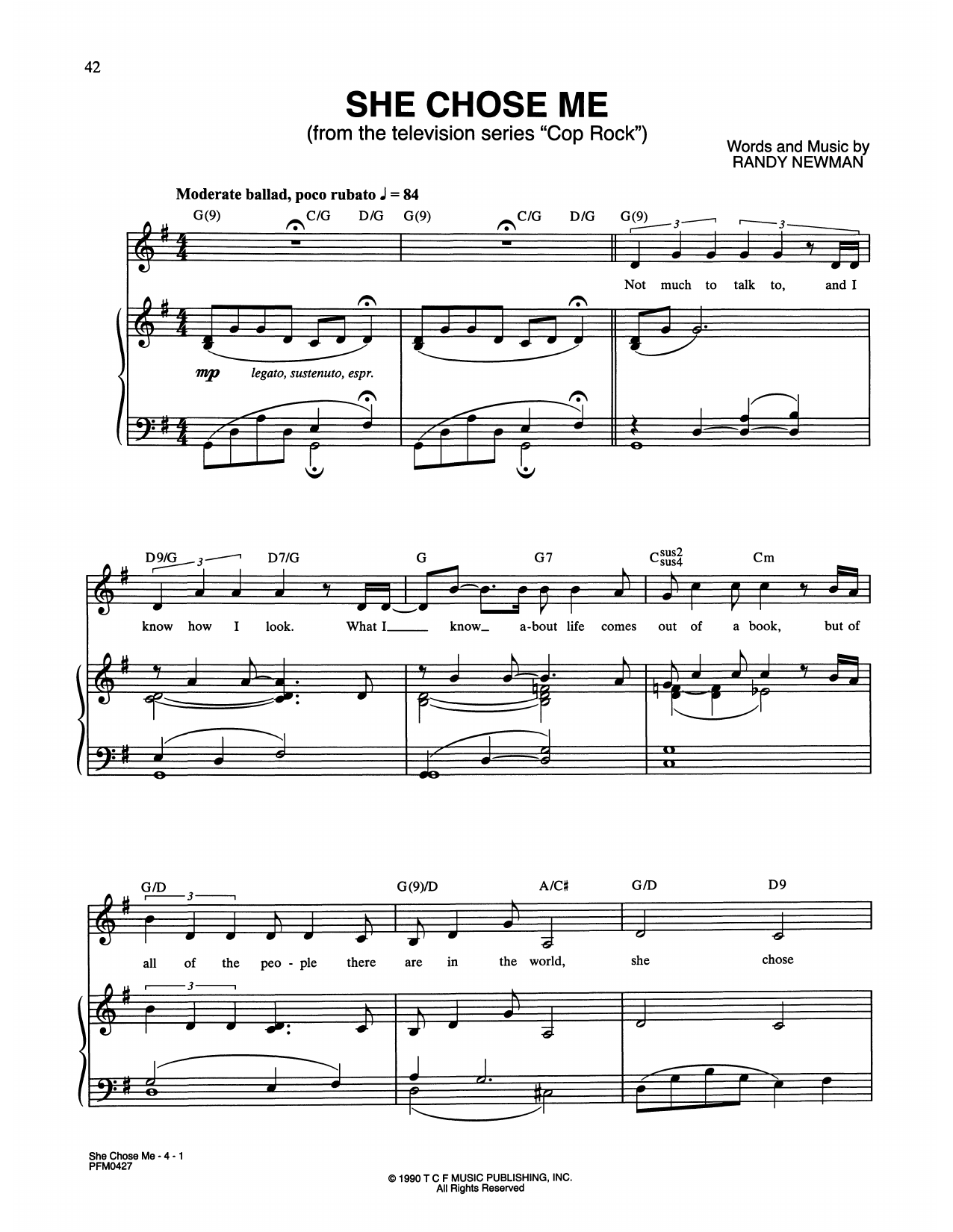 Randy Newman She Chose Me (from Cop Rock) sheet music notes and chords arranged for Piano & Vocal