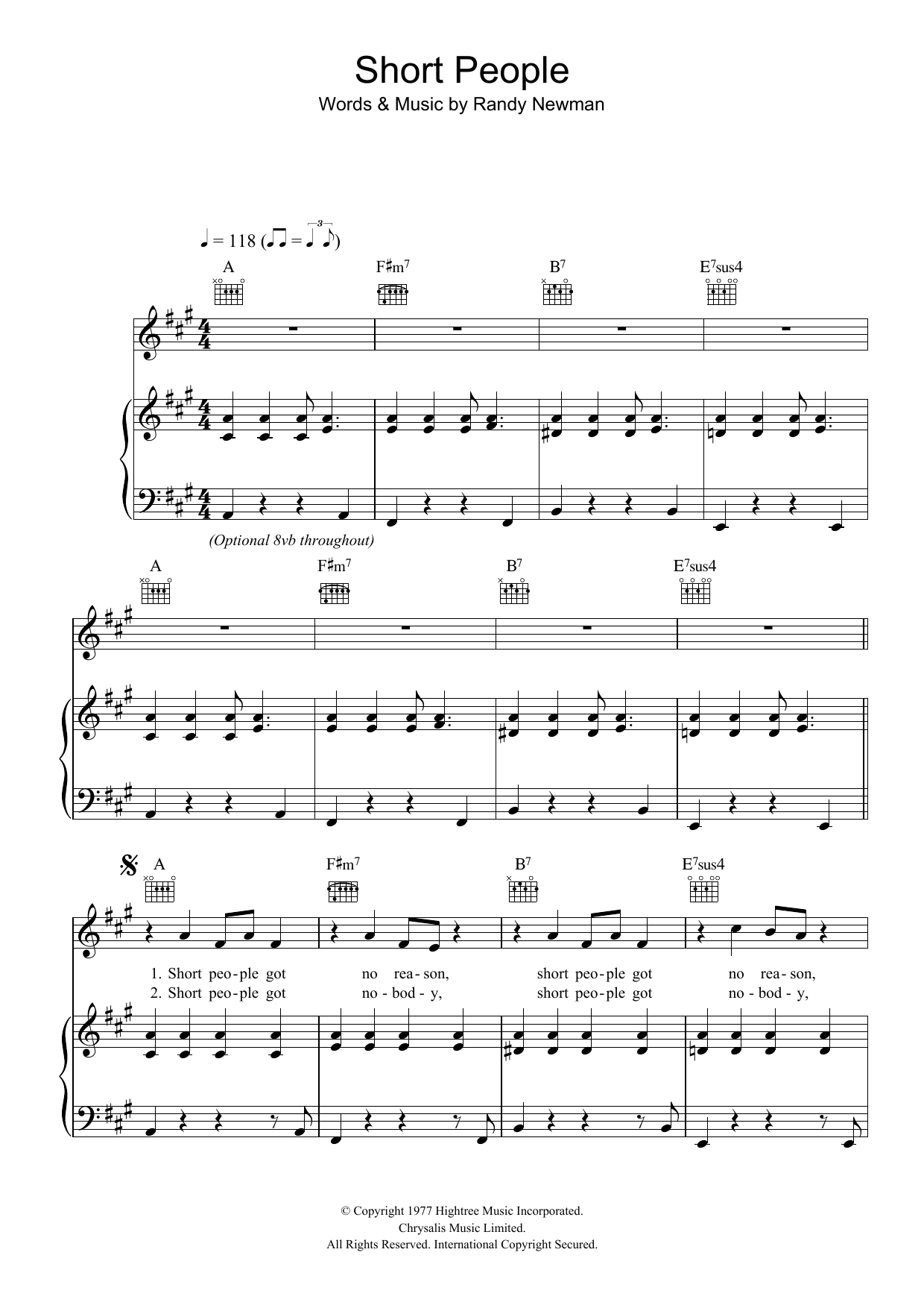 Randy Newman Short People sheet music notes and chords arranged for Piano, Vocal & Guitar Chords