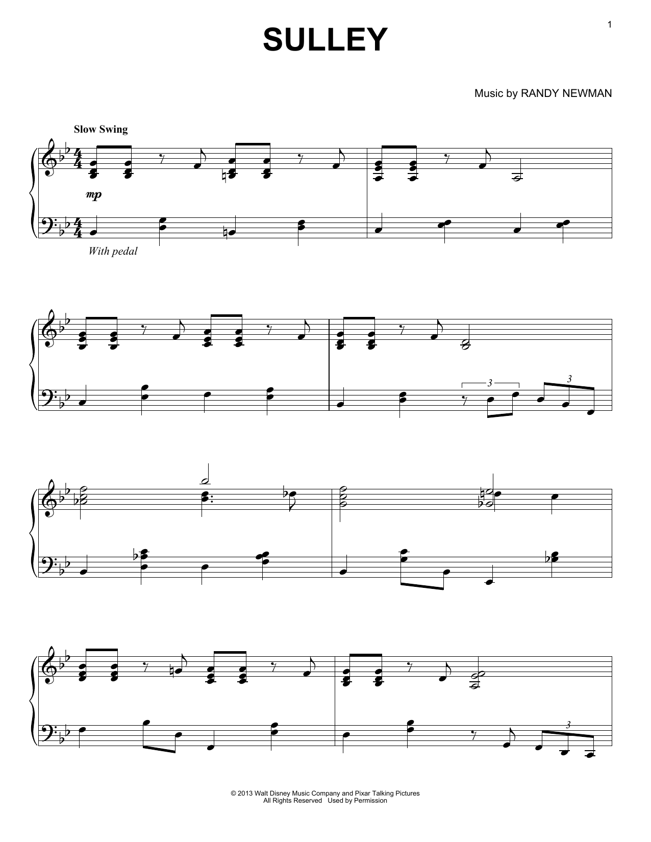 Randy Newman Sulley sheet music notes and chords arranged for Piano Solo