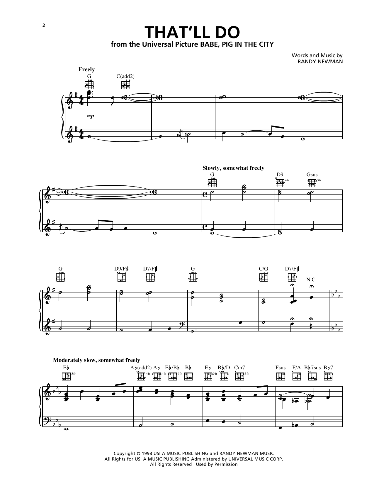Randy Newman That'll Do (from Babe: Pig in the City) sheet music notes and chords arranged for Piano, Vocal & Guitar Chords (Right-Hand Melody)
