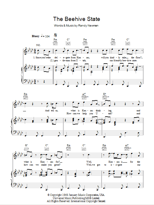 Randy Newman The Beehive State sheet music notes and chords arranged for Piano, Vocal & Guitar Chords