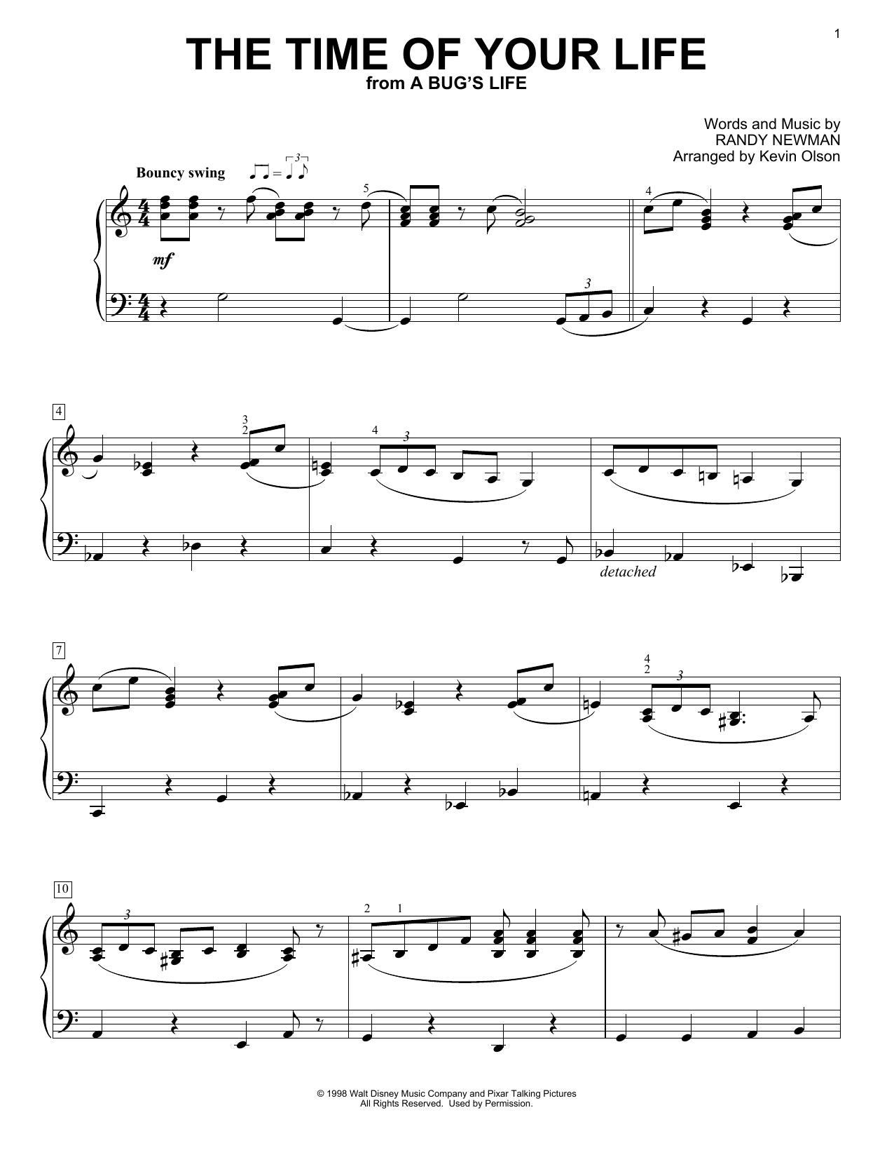 Randy Newman The Time Of Your Life (from A Bug's Life) (arr. Kevin Olson) sheet music notes and chords arranged for Easy Piano Solo