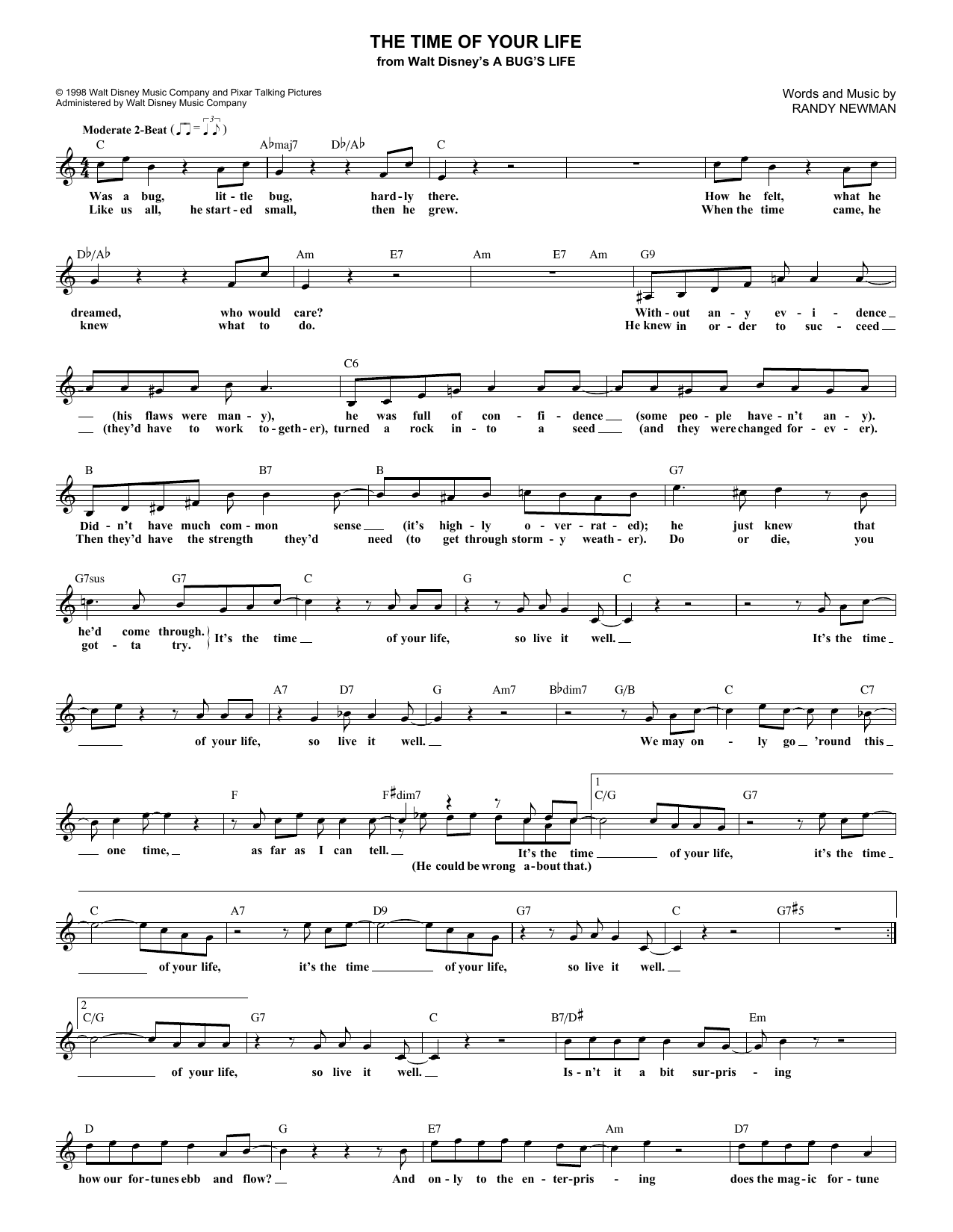 Randy Newman The Time Of Your Life (from A Bug's Life) sheet music notes and chords arranged for Lead Sheet / Fake Book