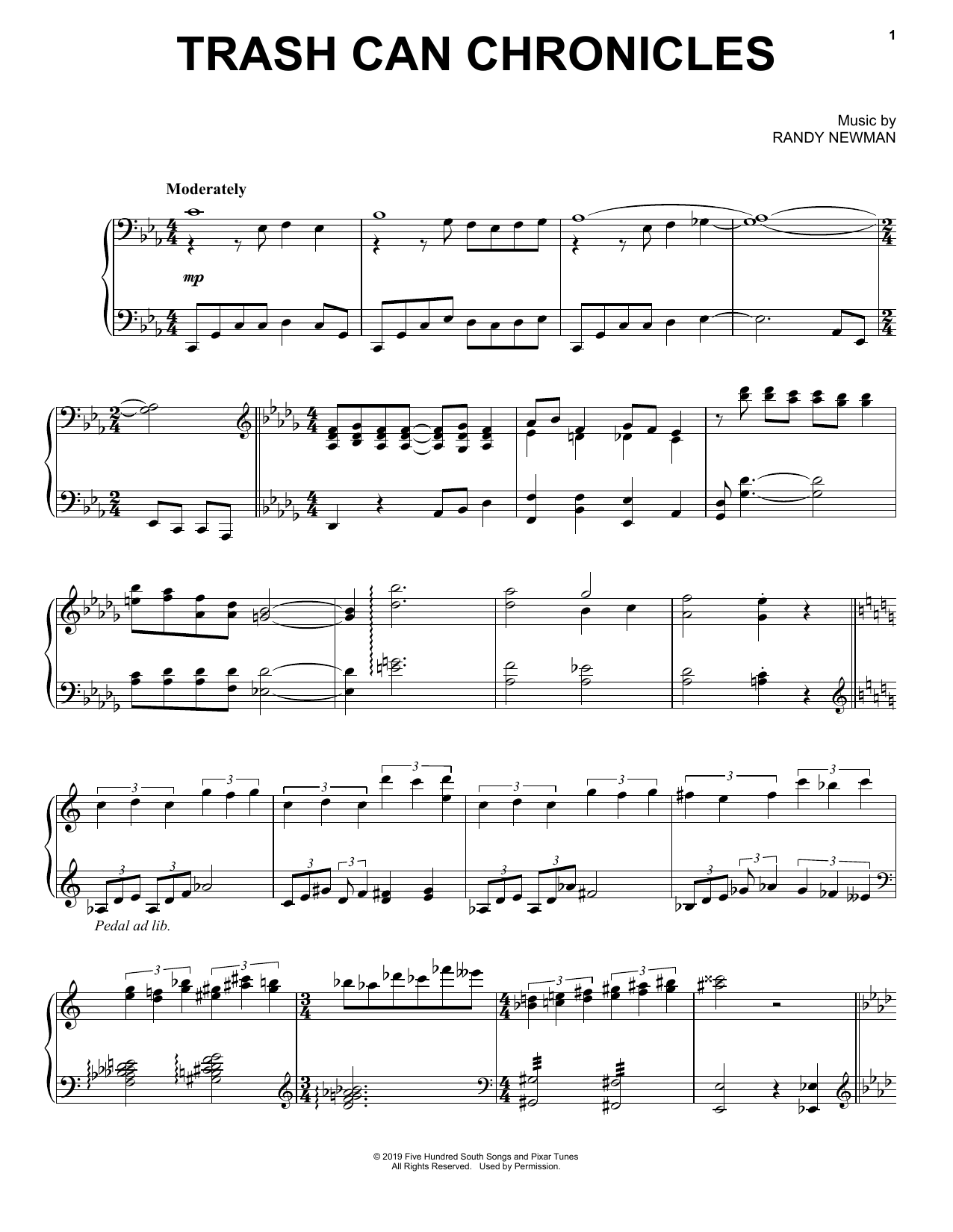 Randy Newman Trash Can Chronicles (from Toy Story 4) sheet music notes and chords arranged for Piano Solo