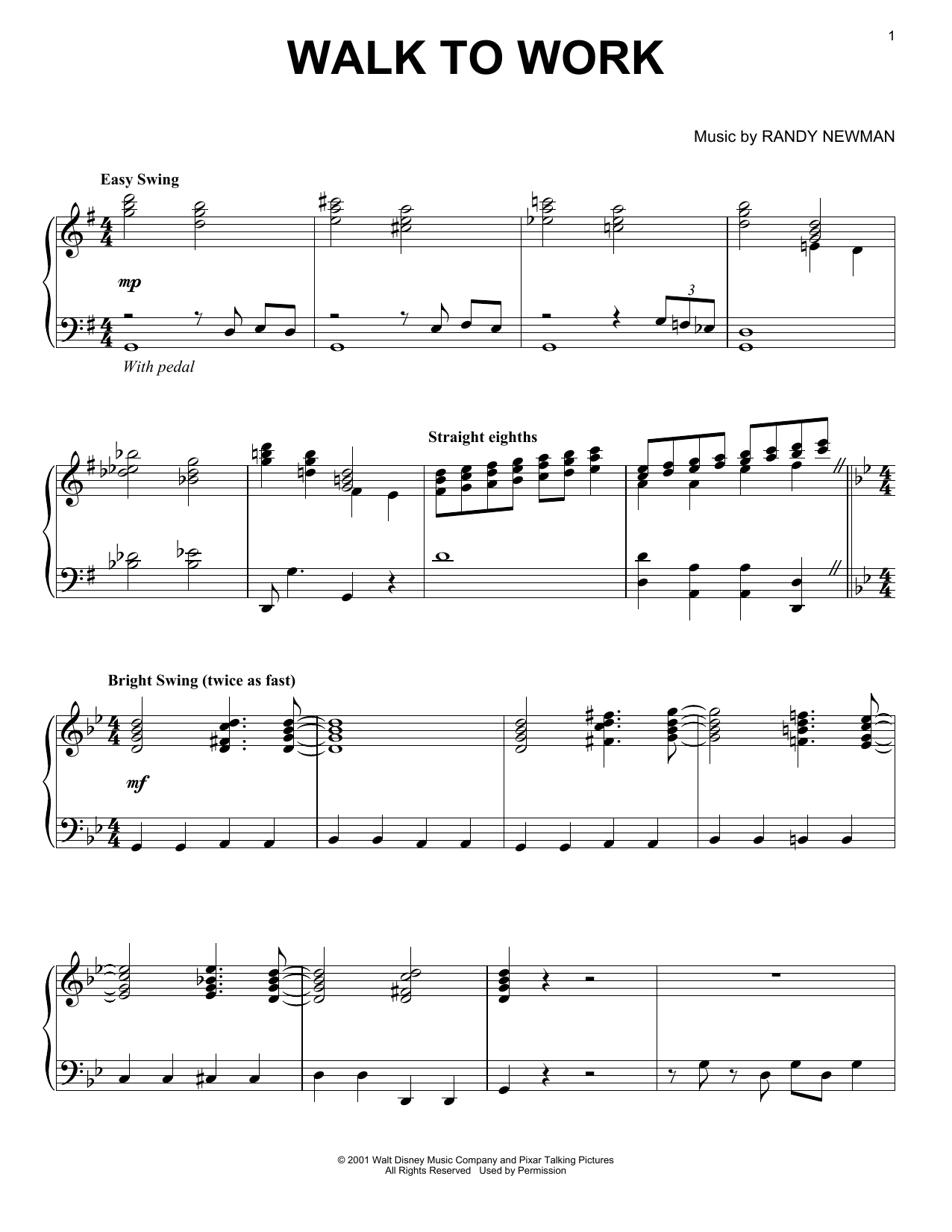 Randy Newman Walk To Work (from Monsters, Inc.) sheet music notes and chords arranged for Piano Solo