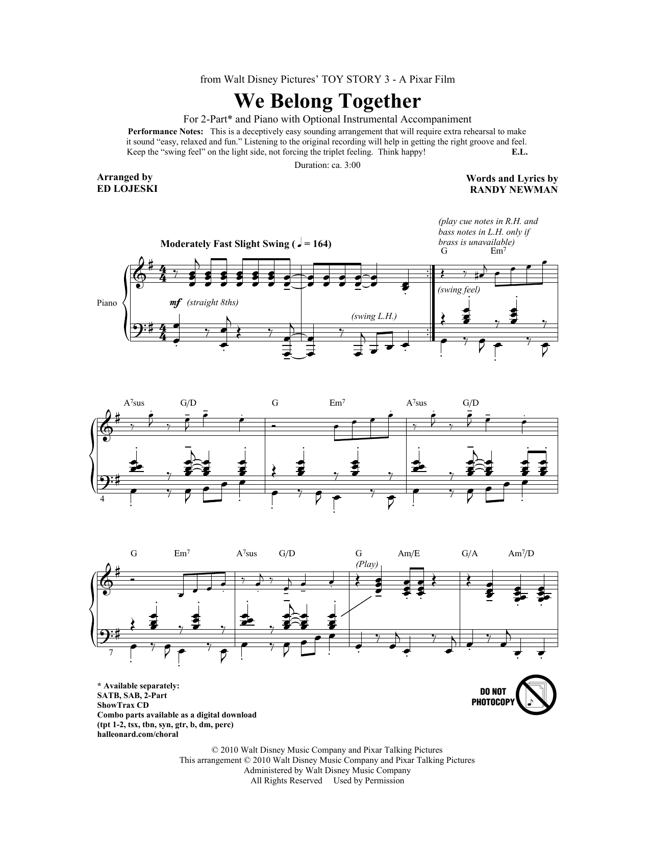 Randy Newman We Belong Together (from Toy Story 3) (arr. Ed Lojeski) sheet music notes and chords arranged for 2-Part Choir