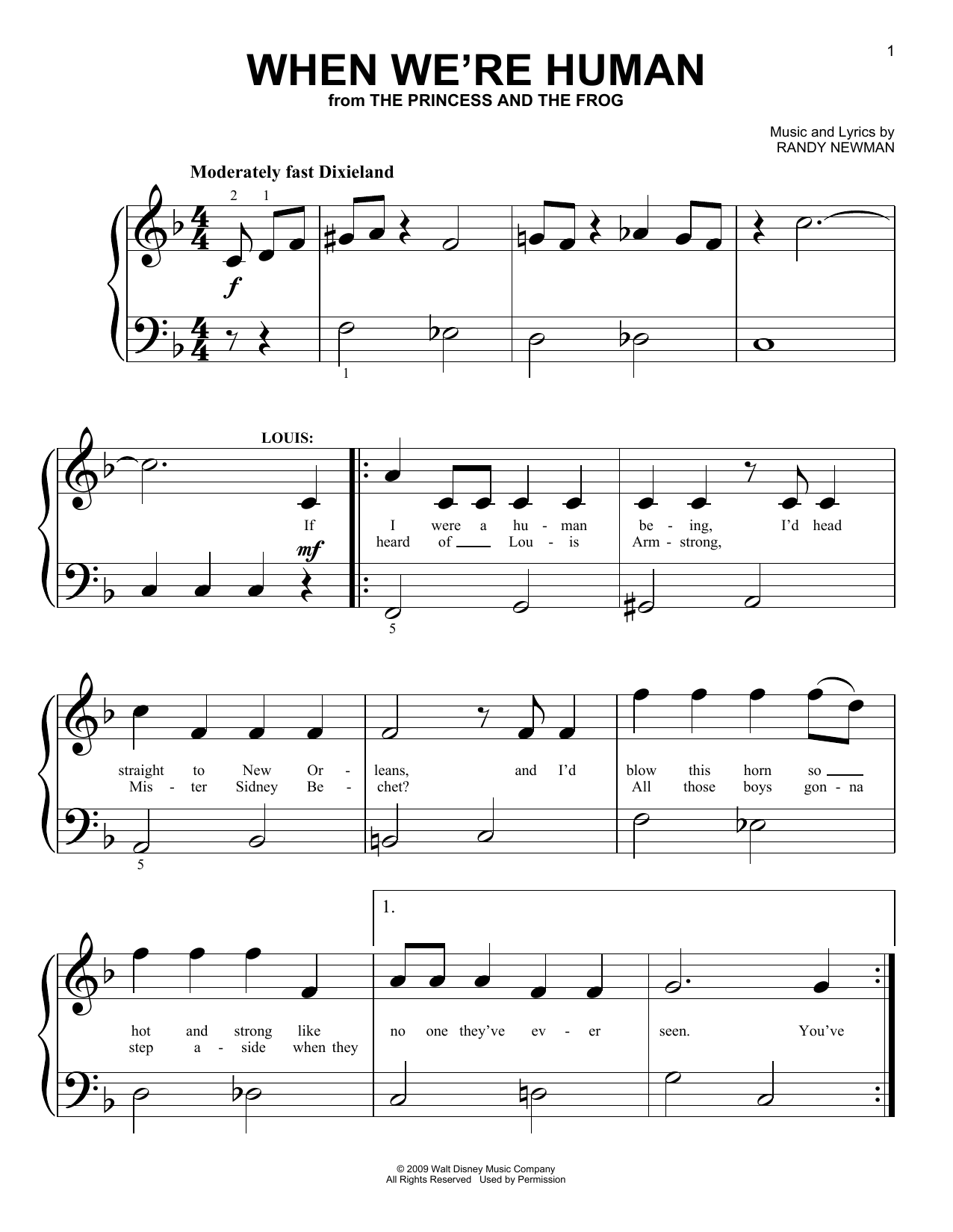 Randy Newman When We're Human (from The Princess And The Frog) sheet music notes and chords arranged for Big Note Piano