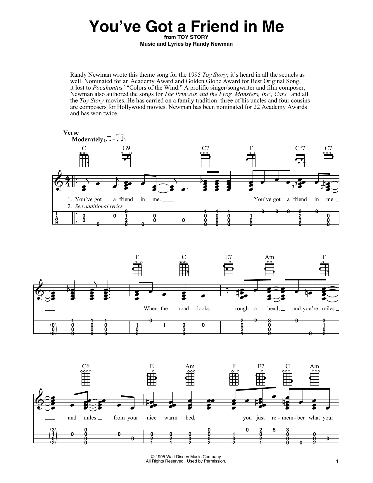 Randy Newman You've Got A Friend In Me (from Toy Story) (arr. Fred Sokolow) sheet music notes and chords arranged for Easy Ukulele Tab