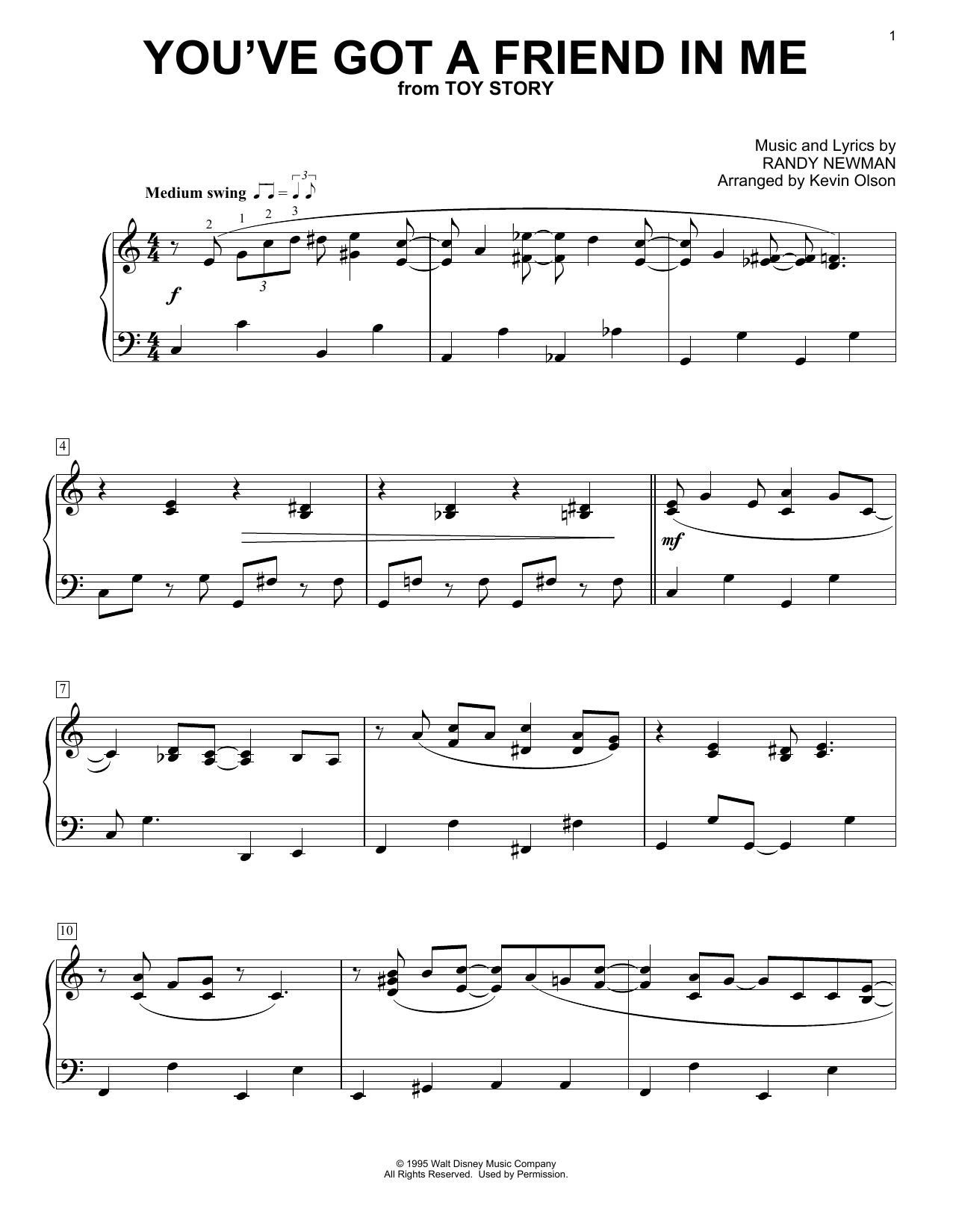 Randy Newman You've Got A Friend In Me (from Toy Story) (arr. Kevin Olson) sheet music notes and chords arranged for Easy Piano Solo