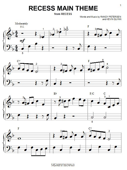 Randy Petersen Recess Main Theme (from the Disney TV Series Recess) sheet music notes and chords arranged for Big Note Piano