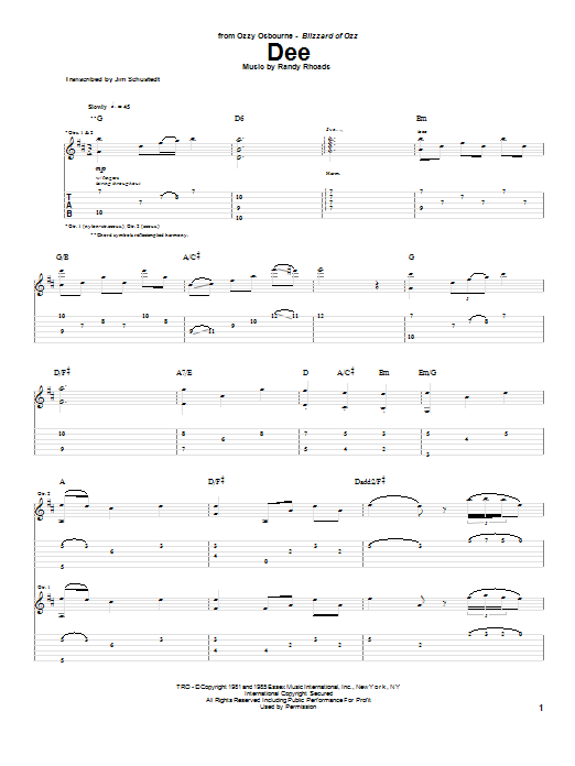 Randy Rhoads Dee sheet music notes and chords arranged for Guitar Tab