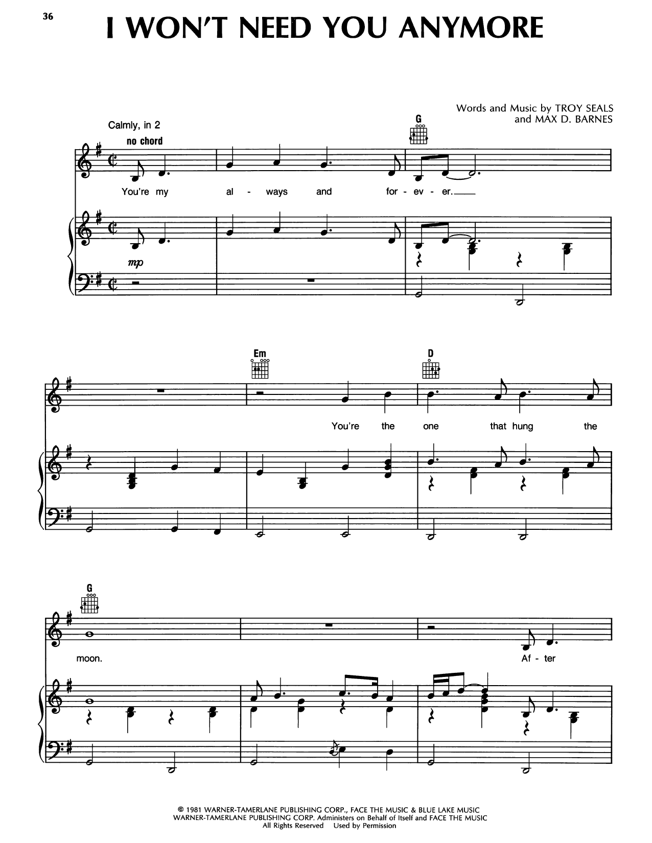 Randy Travis I Won't Need You Anymore sheet music notes and chords arranged for Piano, Vocal & Guitar Chords (Right-Hand Melody)