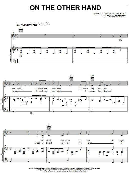Randy Travis On The Other Hand sheet music notes and chords arranged for Piano, Vocal & Guitar Chords (Right-Hand Melody)