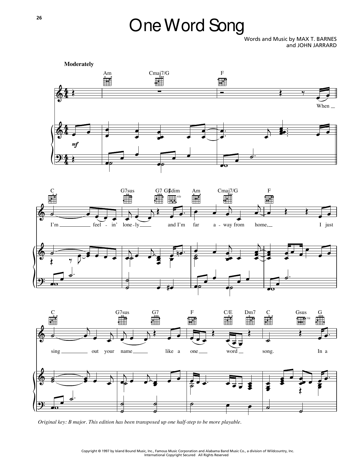 Randy Travis One Word Song sheet music notes and chords arranged for Piano, Vocal & Guitar Chords (Right-Hand Melody)
