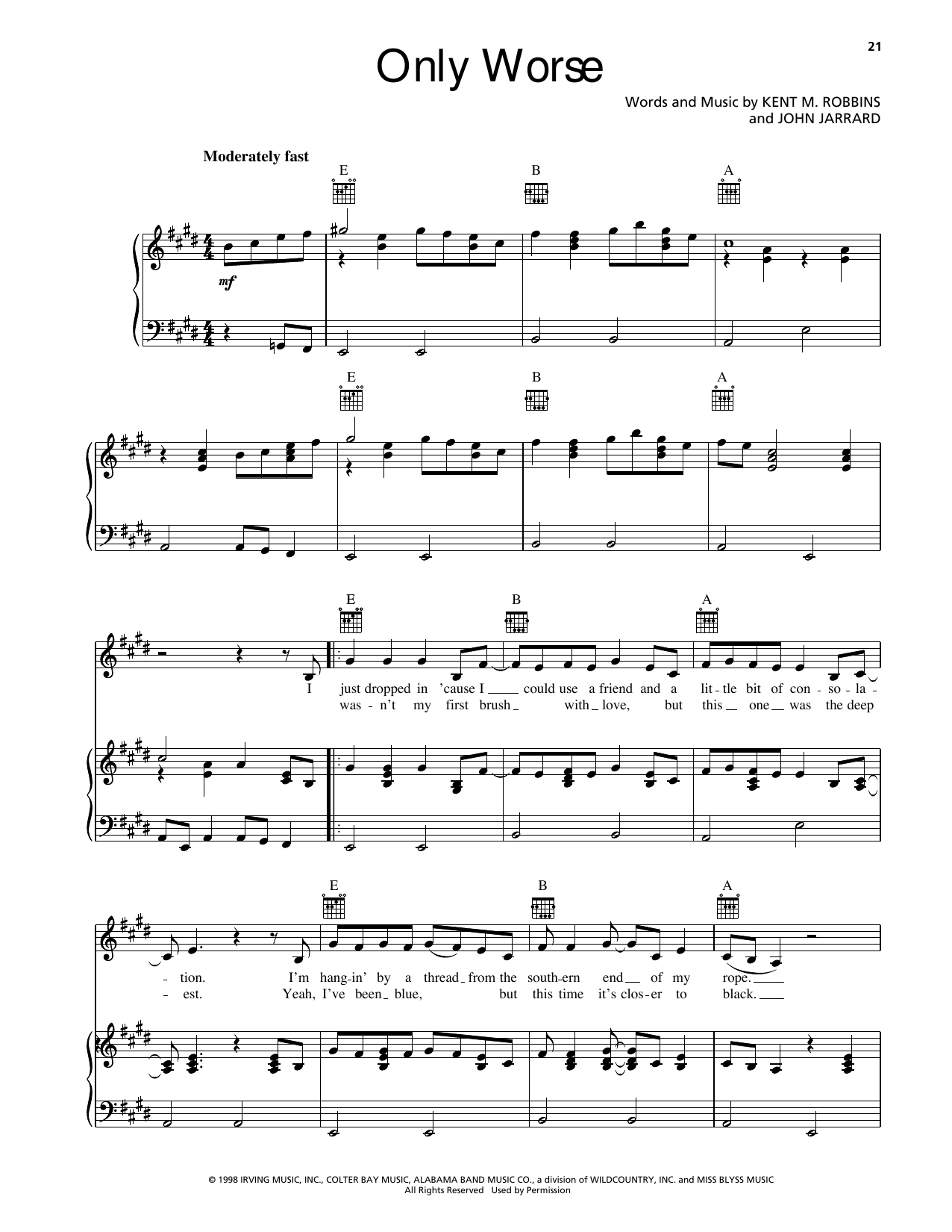 Randy Travis Only Worse sheet music notes and chords arranged for Piano, Vocal & Guitar Chords (Right-Hand Melody)