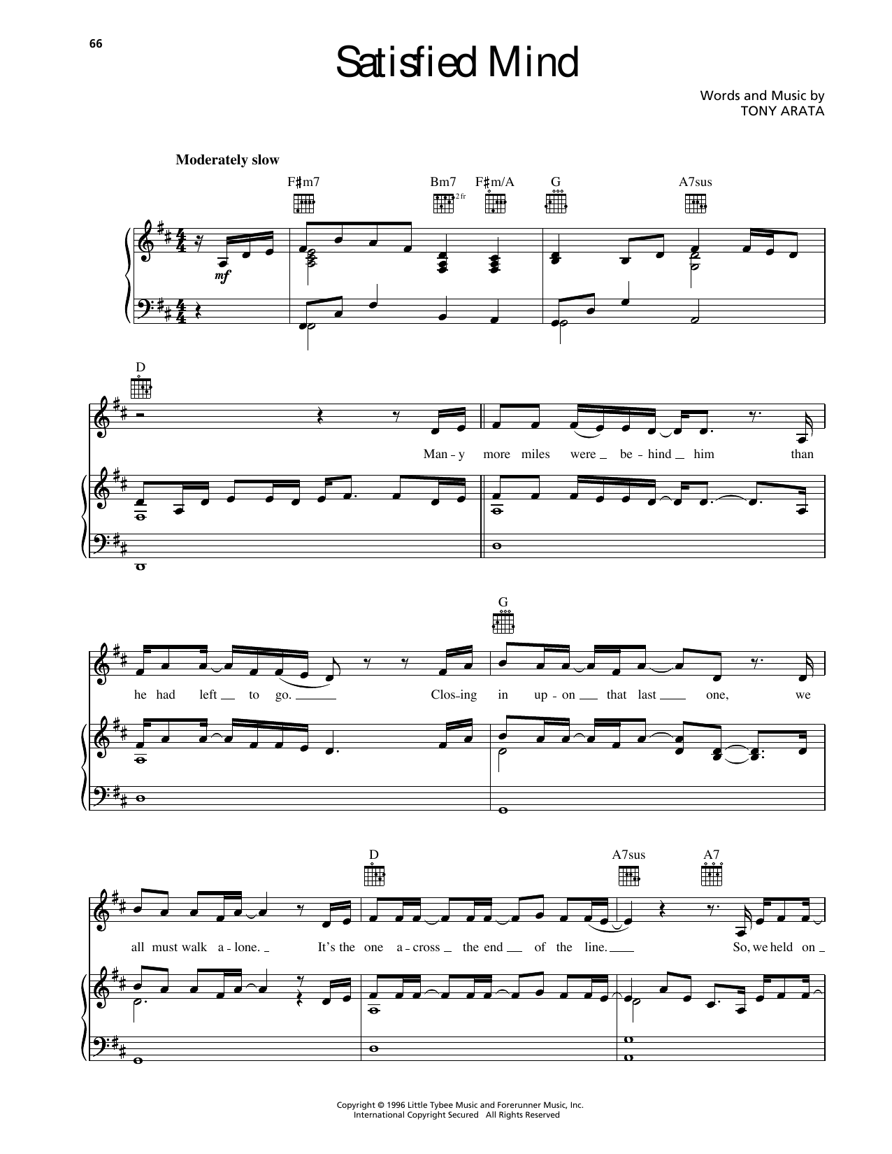 Randy Travis Satisfied Mind sheet music notes and chords arranged for Piano, Vocal & Guitar Chords (Right-Hand Melody)