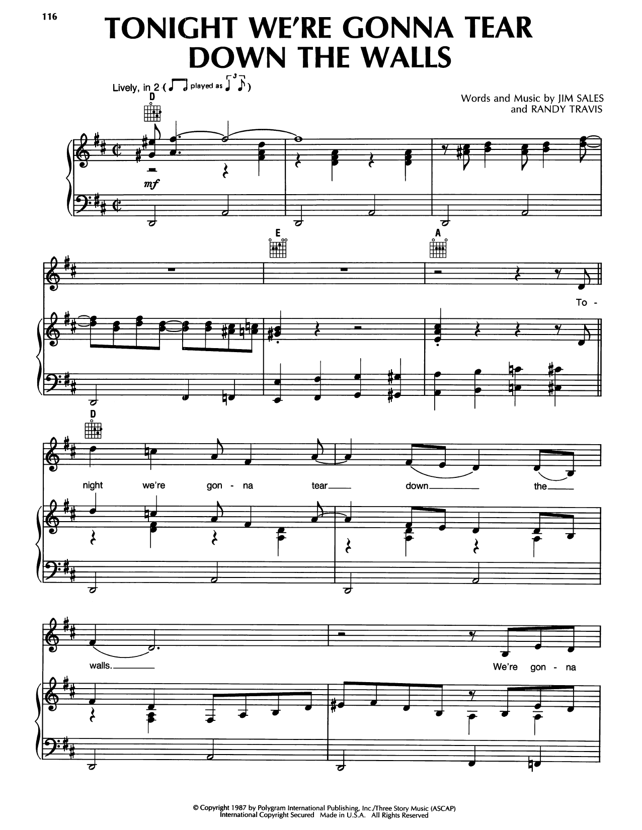 Randy Travis Tonight We're Gonna Tear Down The Walls sheet music notes and chords arranged for Piano, Vocal & Guitar Chords (Right-Hand Melody)
