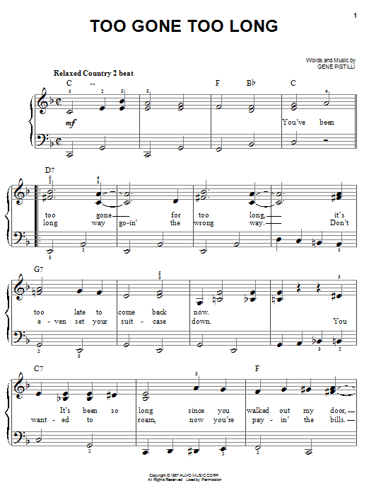 Randy Travis Too Gone Too Long sheet music notes and chords arranged for Easy Piano