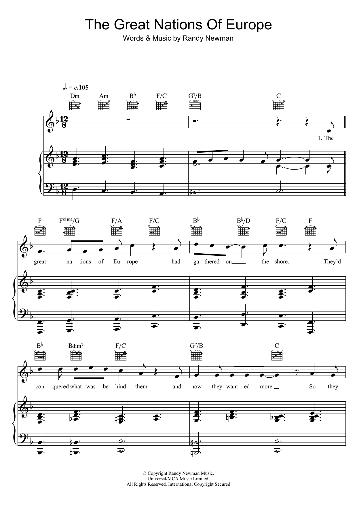 Randy Newman The Great Nations Of Europe sheet music notes and chords arranged for Piano, Vocal & Guitar Chords