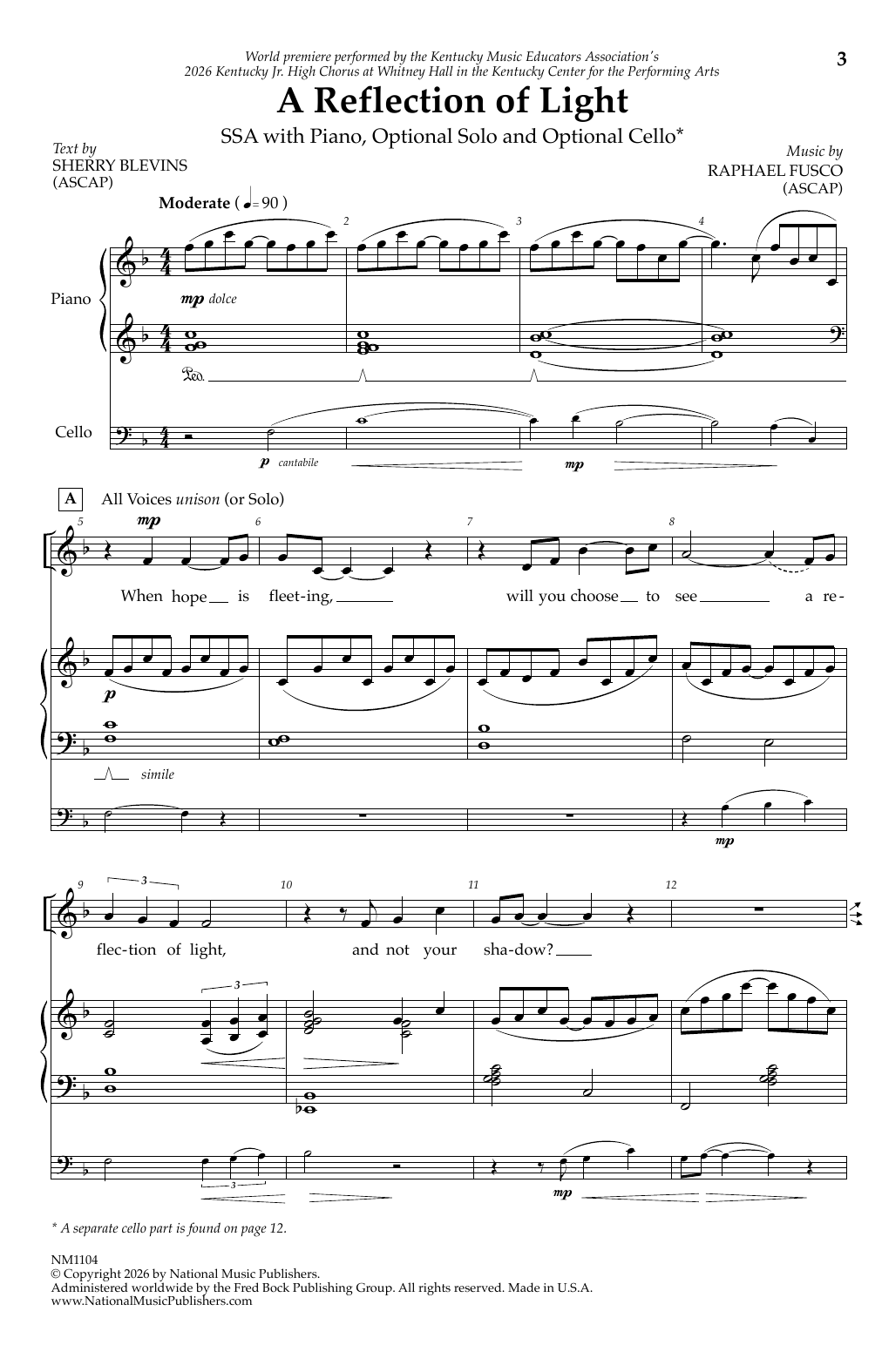 Raphael Fusco A Reflection Of Light sheet music notes and chords arranged for SSA Choir