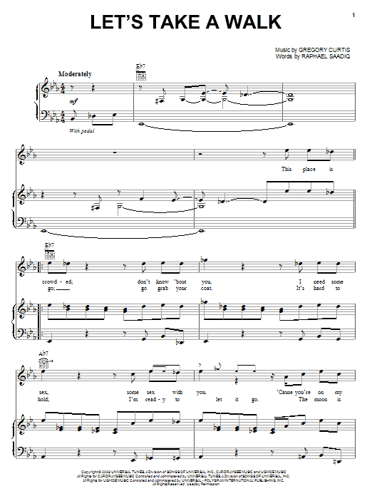 Raphael Saadiq Let's Take A Walk sheet music notes and chords arranged for Piano, Vocal & Guitar Chords (Right-Hand Melody)