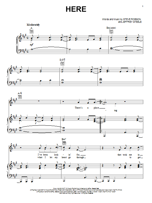 Rascal Flatts Here sheet music notes and chords arranged for Piano, Vocal & Guitar Chords (Right-Hand Melody)