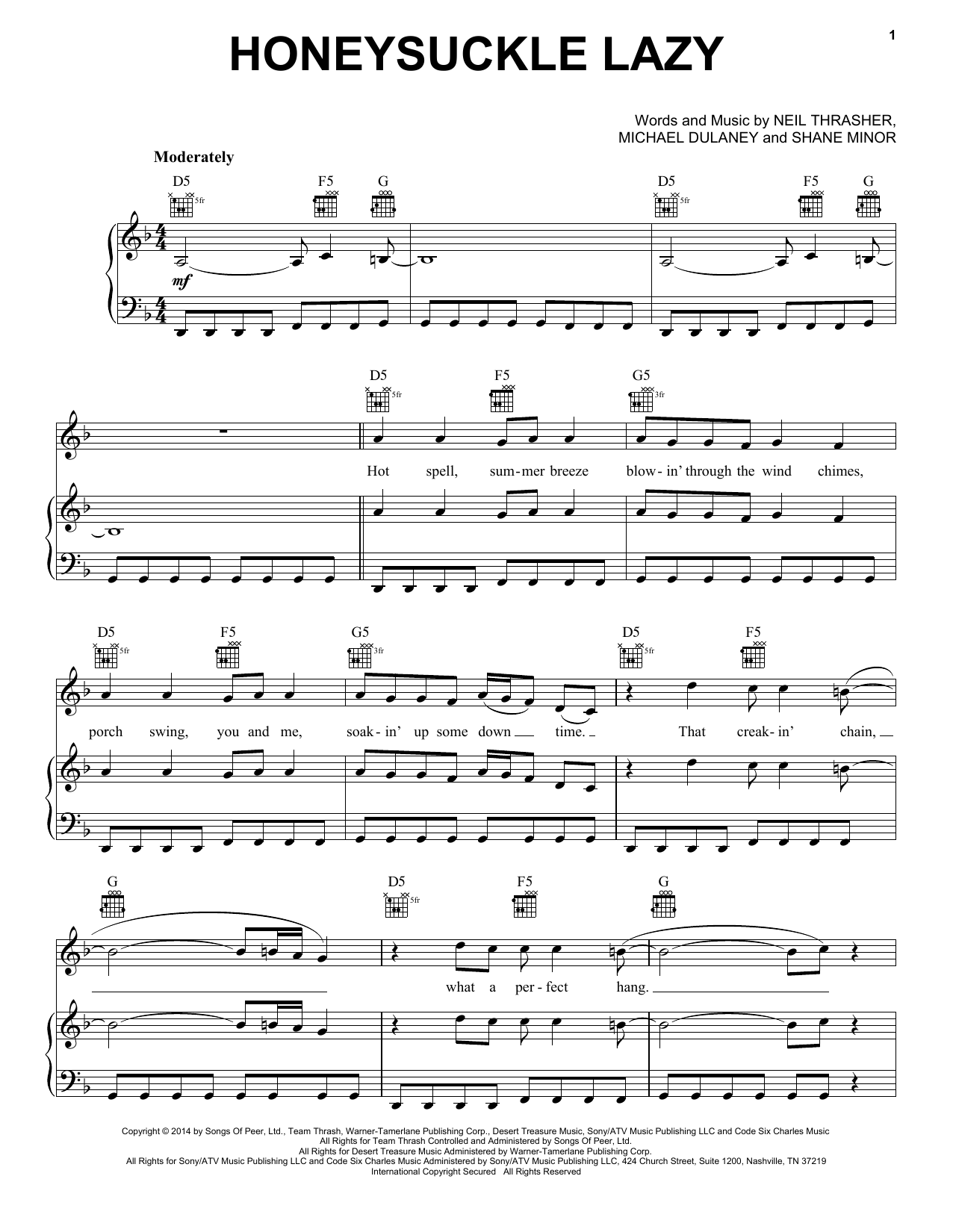 Rascal Flatts Honeysuckle Lazy sheet music notes and chords arranged for Piano, Vocal & Guitar Chords (Right-Hand Melody)