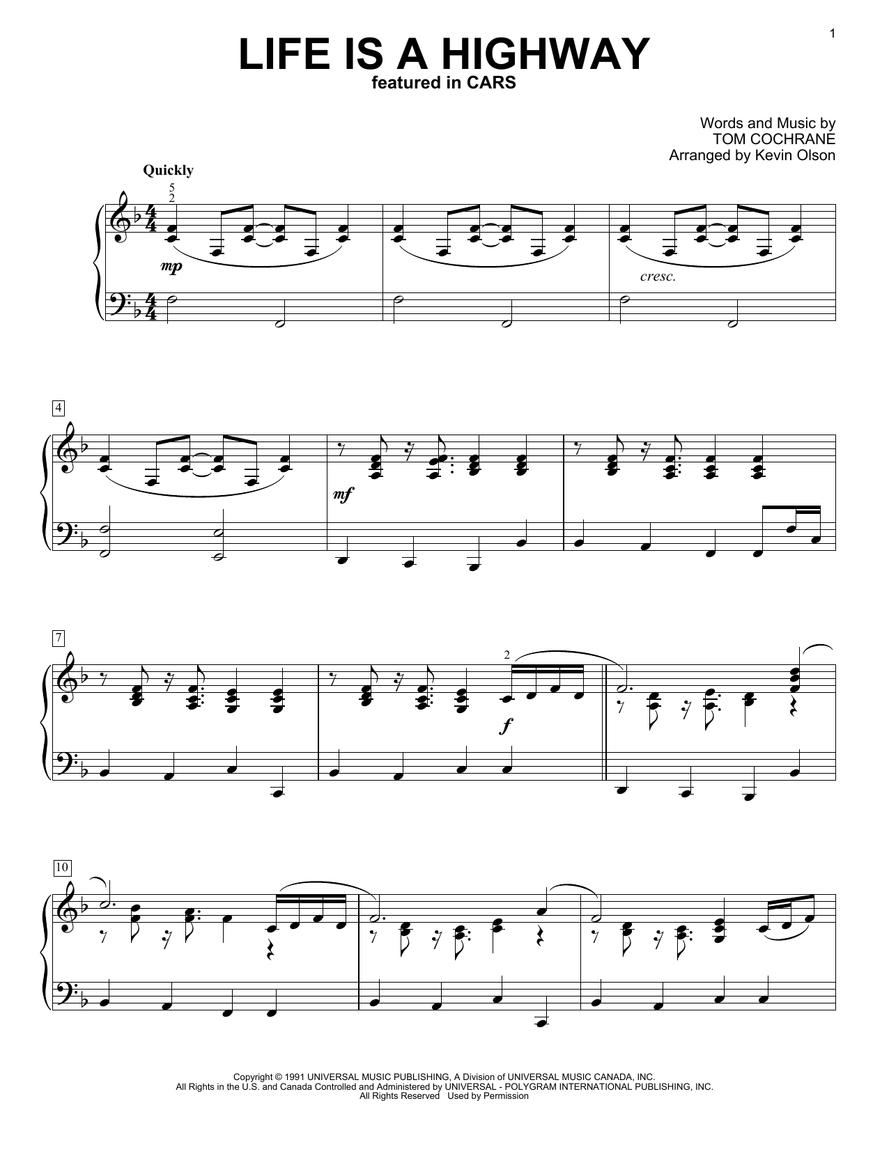 Rascal Flatts Life Is A Highway (from Cars) (arr. Kevin Olson) sheet music notes and chords arranged for Easy Piano Solo