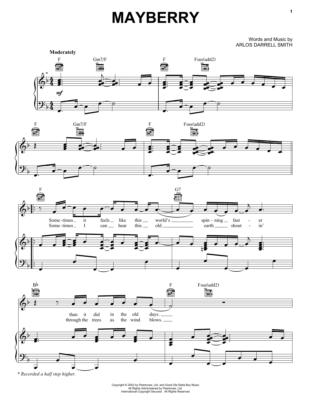 Rascal Flatts Mayberry sheet music notes and chords arranged for Piano, Vocal & Guitar Chords (Right-Hand Melody)