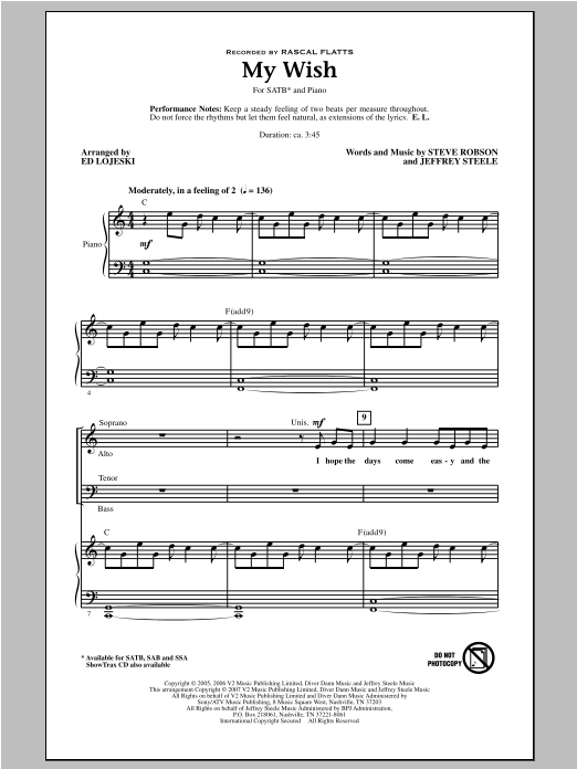 Rascal Flatts My Wish (arr. Ed Lojeski) sheet music notes and chords arranged for SATB Choir