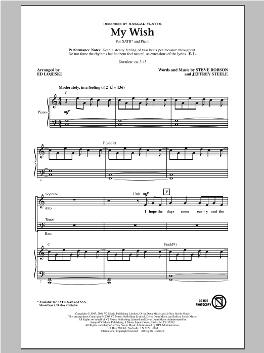 Rascal Flatts My Wish (arr. Ed Lojeski) sheet music notes and chords arranged for SSA Choir