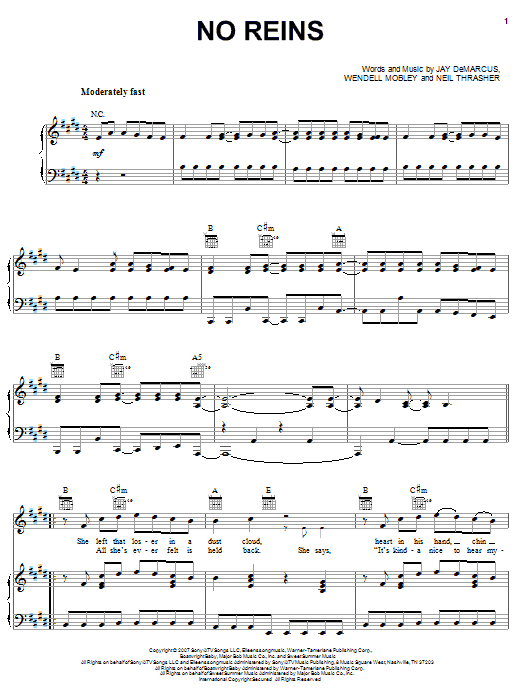 Rascal Flatts No Reins sheet music notes and chords arranged for Piano, Vocal & Guitar Chords (Right-Hand Melody)