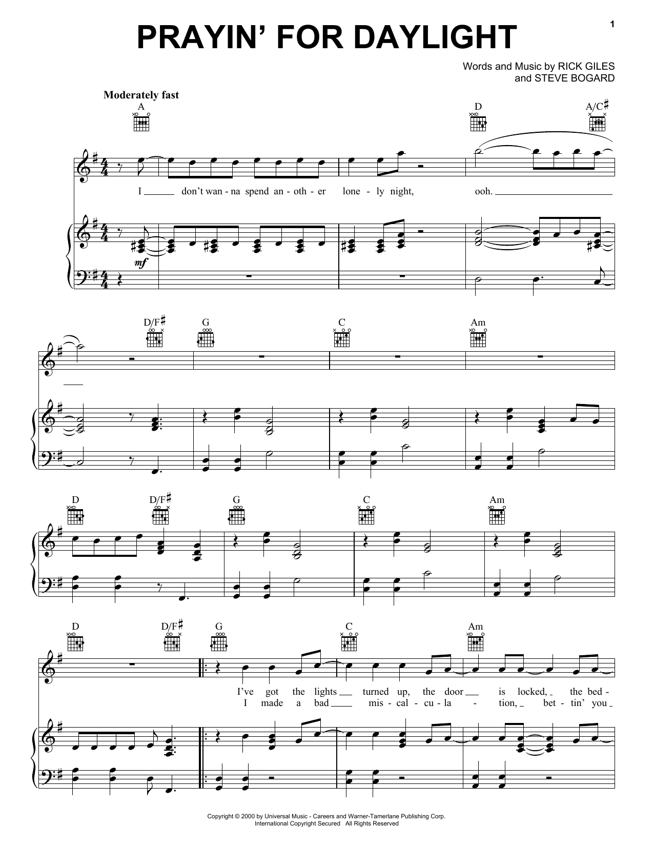 Rascal Flatts Prayin' For Daylight sheet music notes and chords arranged for Piano, Vocal & Guitar Chords (Right-Hand Melody)