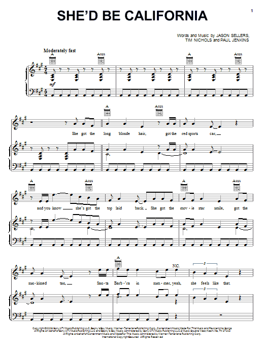 Rascal Flatts She'd Be California sheet music notes and chords arranged for Piano, Vocal & Guitar Chords (Right-Hand Melody)