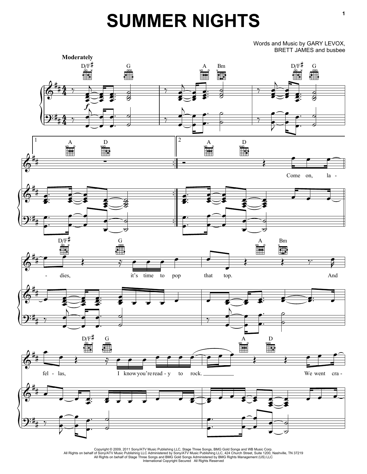 Rascal Flatts Summer Nights sheet music notes and chords arranged for Piano, Vocal & Guitar Chords (Right-Hand Melody)