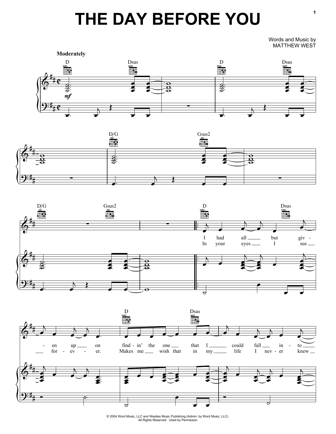 Rascal Flatts The Day Before You sheet music notes and chords arranged for Piano, Vocal & Guitar Chords (Right-Hand Melody)