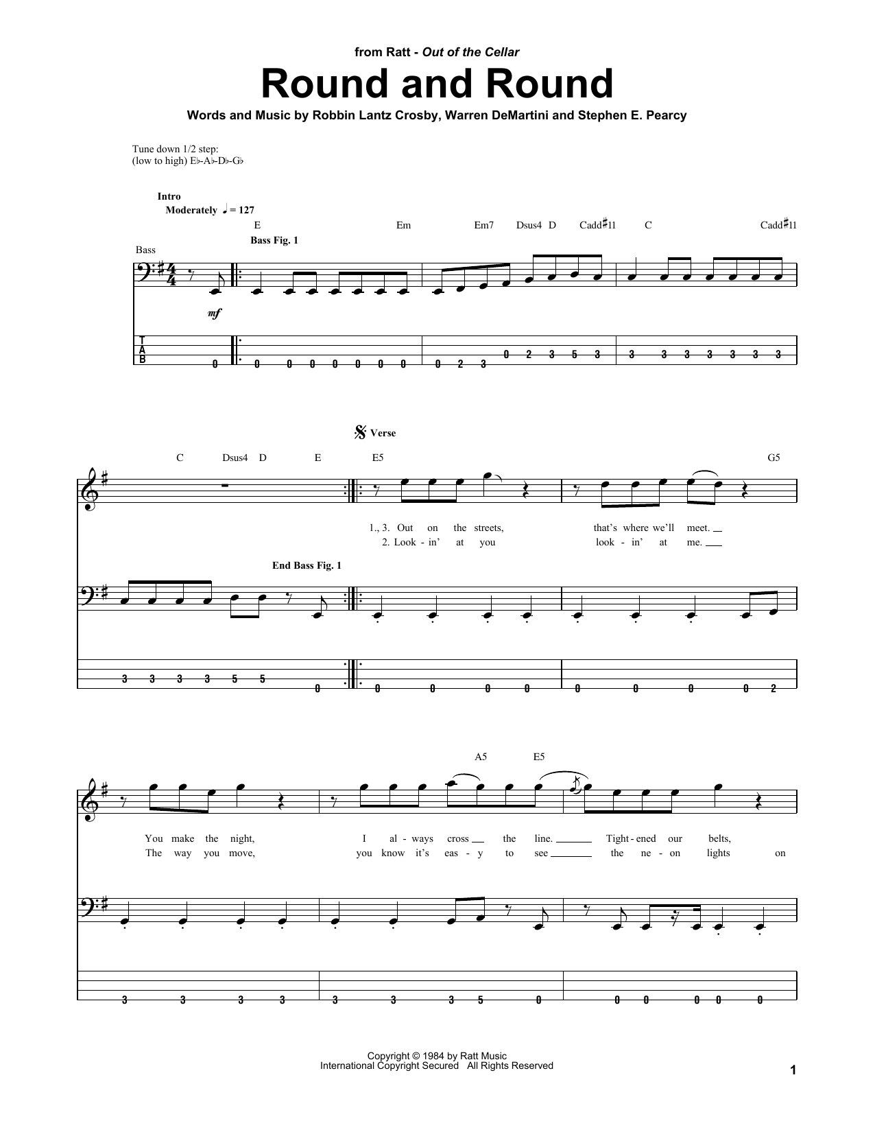Ratt Round And Round sheet music notes and chords arranged for Bass Guitar Tab