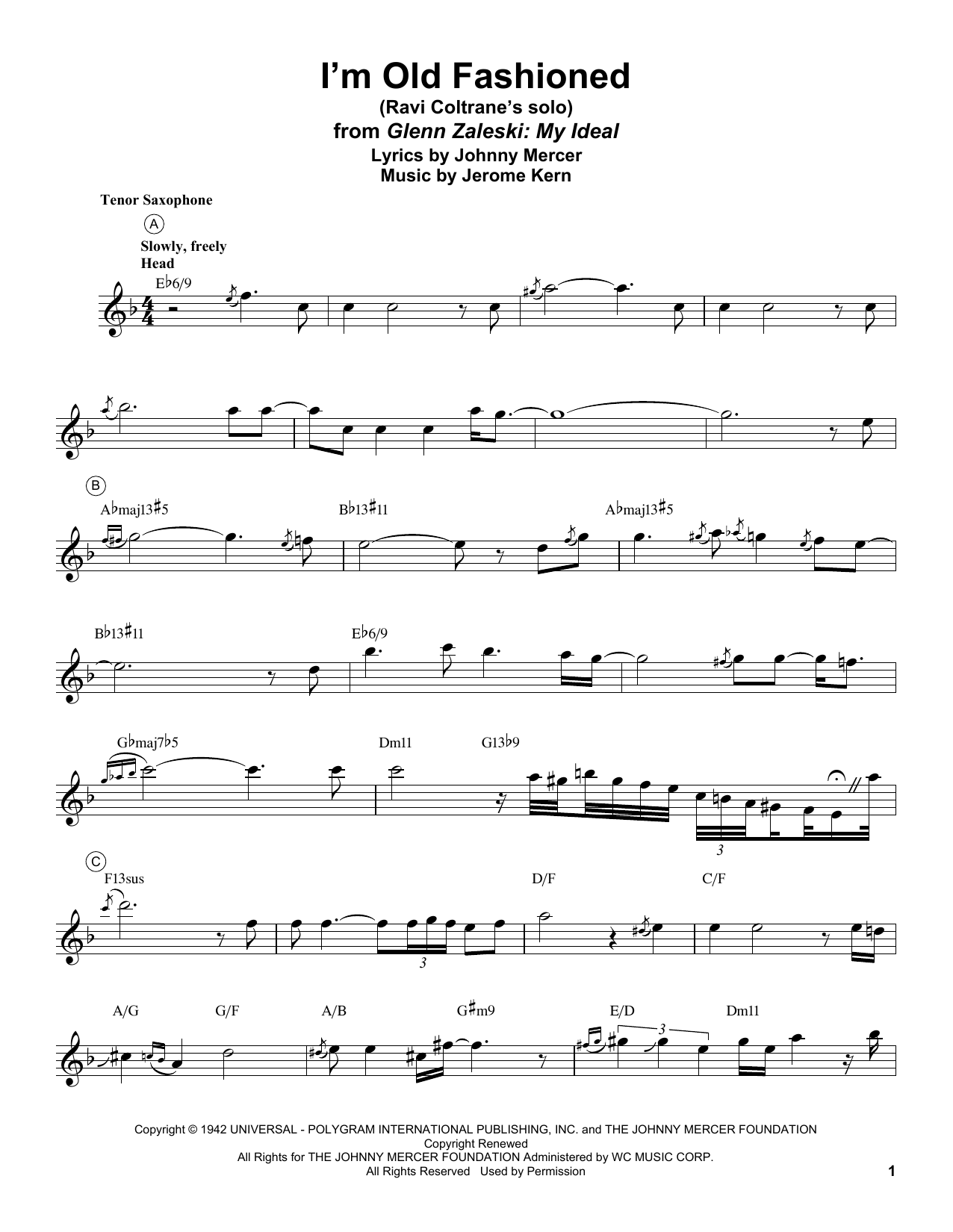 Ravi Coltrane I'm Old Fashioned sheet music notes and chords arranged for Tenor Sax Transcription