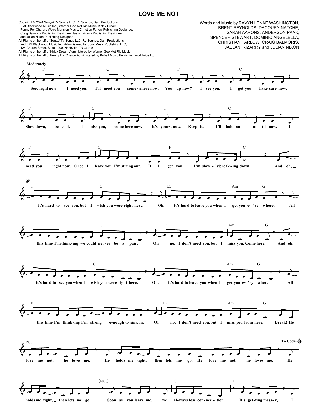 Ravyn Lenae Love Me Not sheet music notes and chords arranged for Lead Sheet / Fake Book