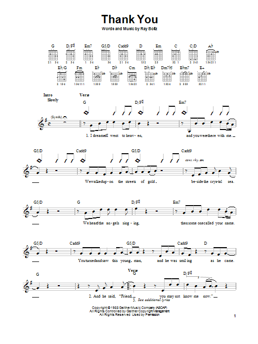 Ray Boltz Thank You sheet music notes and chords arranged for Easy Guitar