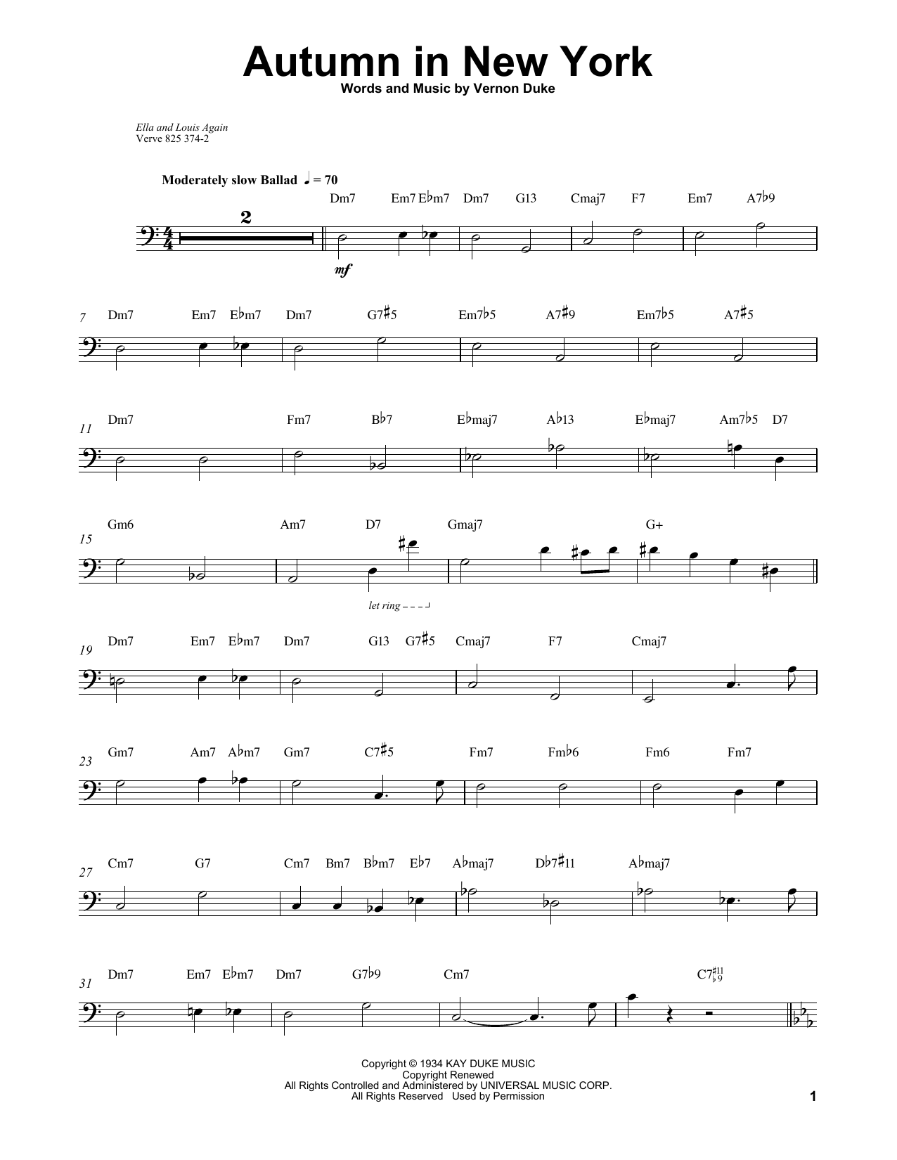 Ray Brown Autumn In New York sheet music notes and chords arranged for String Bass Transcription