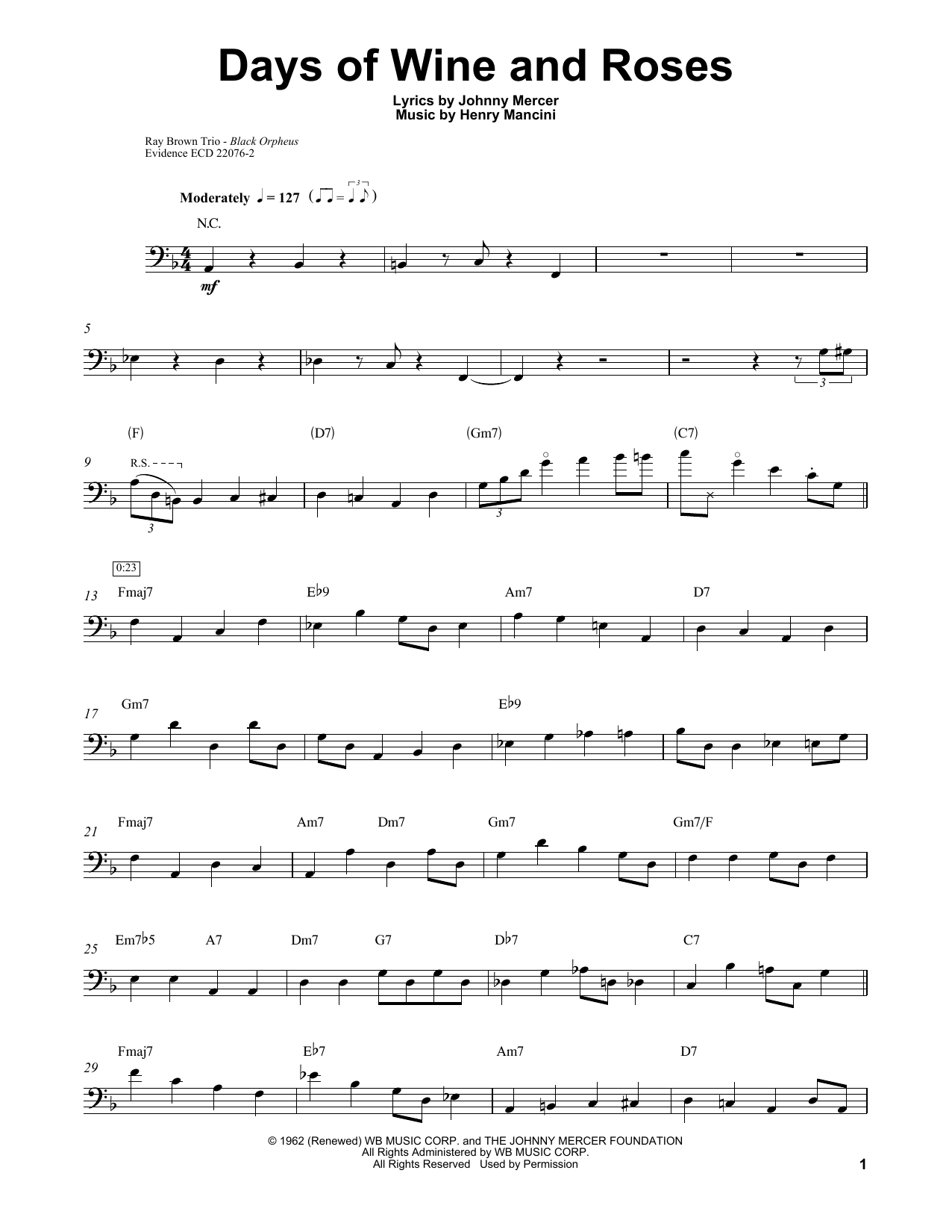 Ray Brown Days Of Wine And Roses sheet music notes and chords arranged for String Bass Transcription