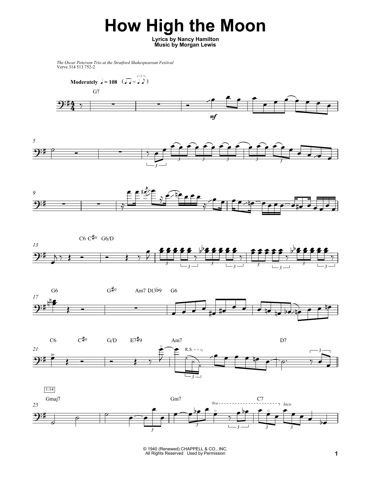 Ray Brown How High The Moon sheet music notes and chords arranged for String Bass Transcription