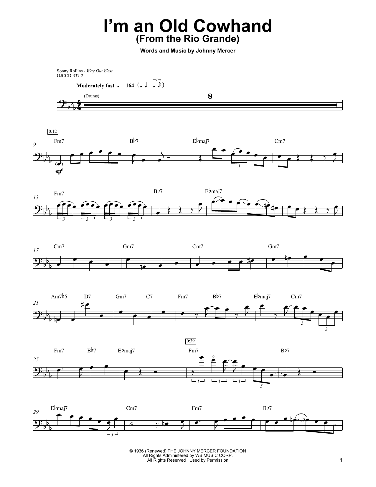 Ray Brown I'm An Old Cowhand (From The Rio Grande) sheet music notes and chords arranged for String Bass Transcription