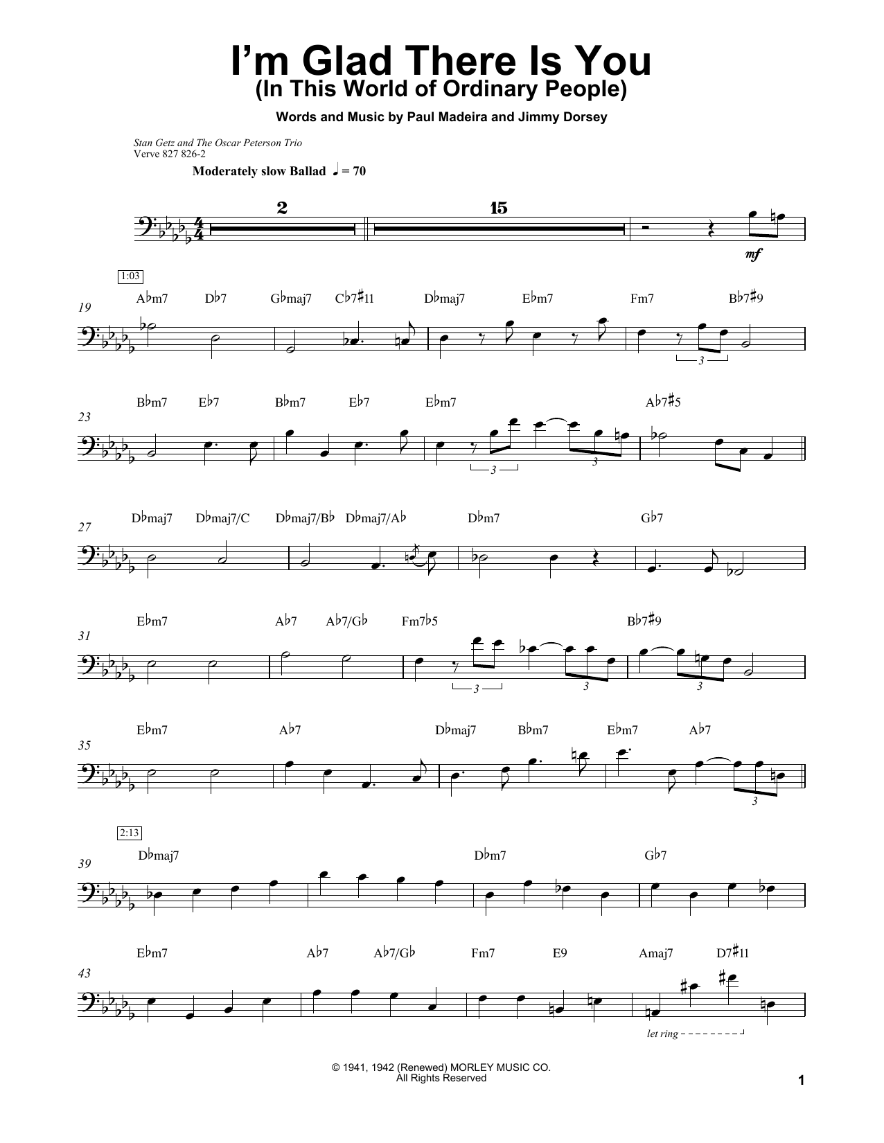 Ray Brown I'm Glad There Is You (In This World Of Ordinary People) sheet music notes and chords arranged for String Bass Transcription