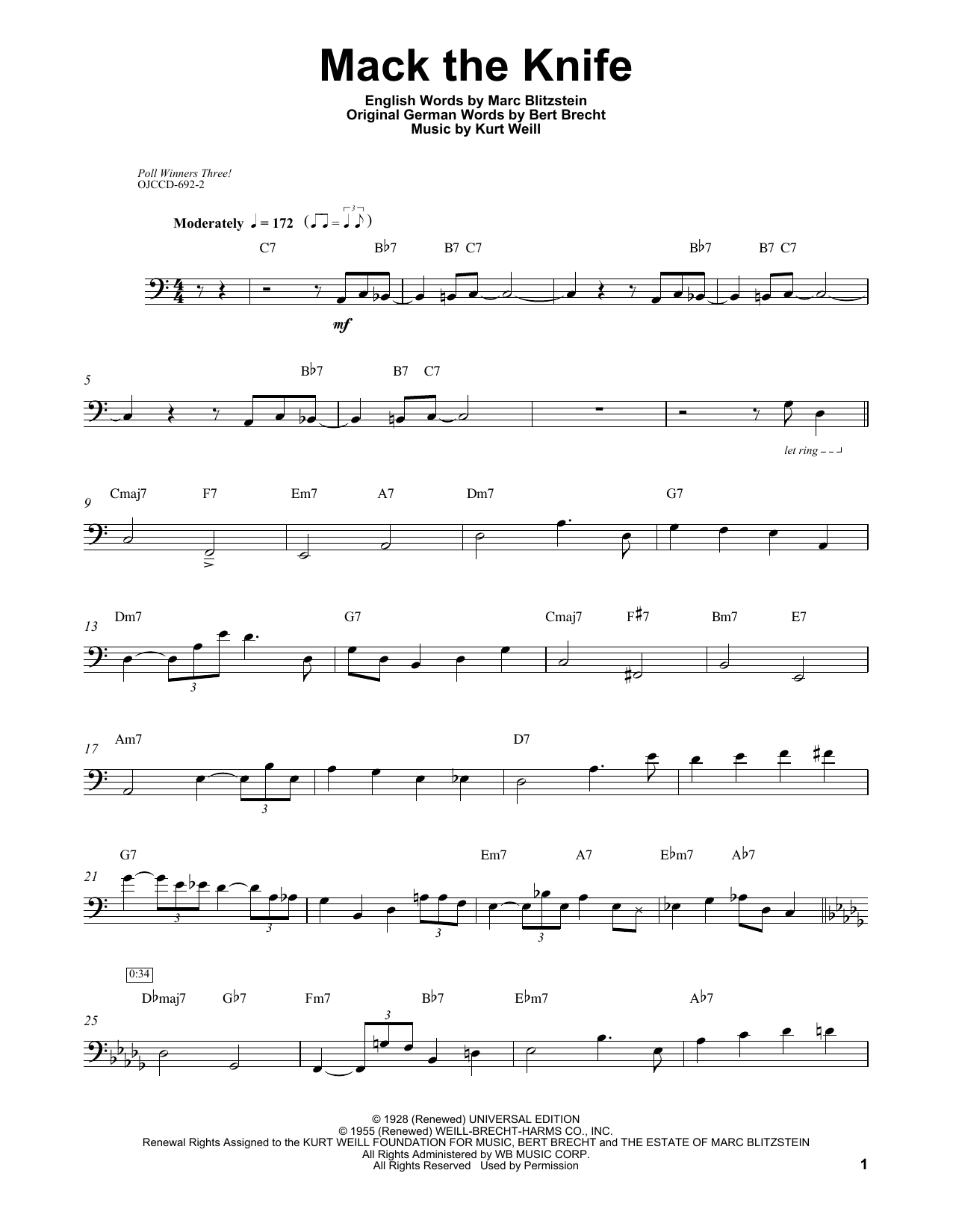 Ray Brown Mack The Knife sheet music notes and chords arranged for String Bass Transcription
