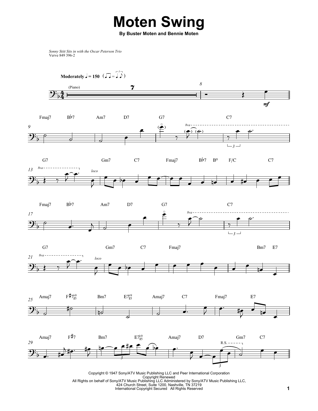 Ray Brown Moten Swing sheet music notes and chords arranged for String Bass Transcription