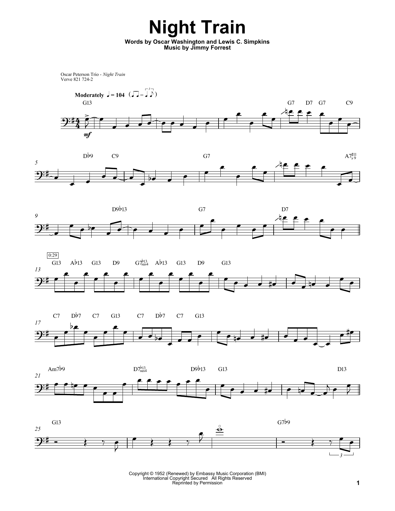 Ray Brown Night Train sheet music notes and chords arranged for String Bass Transcription